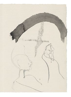 drawing of a woman with a hat and a cross in the background