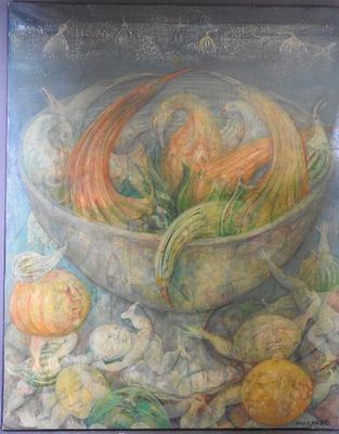un tableau représentant un bol de légumes posé sur une table