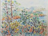une image représentant un tableau représentant un paysage avec des arbres et de l'eau