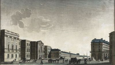 drawing of a view of a city street with a horse drawn carriage