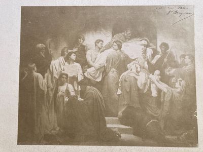 an old picture of a group of people gathered around a baby