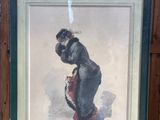 tableau représentant une femme en robe noire tenant un parapluie rouge