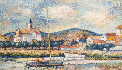 a painting of a boat in the water near a town
