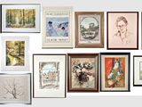many framed pictures on the wall of this room