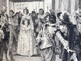 a drawing of a man and a woman standing in front of a crowd