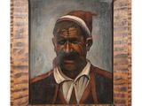 an oil painting of a man in a red hat and brown jacket