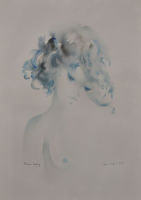 a painting of a woman with blue hair in a white background