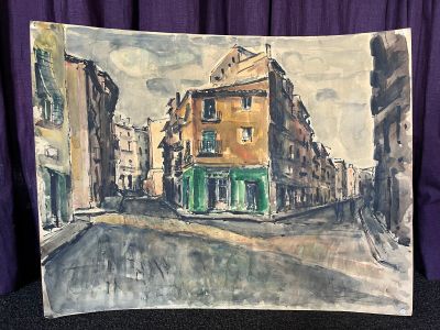 une photo d'un tableau représentant un bâtiment dans la rue