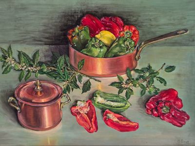 un tableau représentant un faitout en cuivre contenant des poivrons