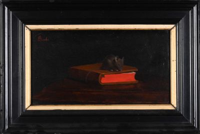 an oil painting of a cat sitting on a book on a table