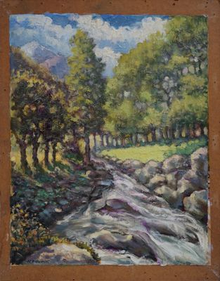 une peinture à l'huile représentant un ruisseau traversant une forêt remplie d'arbres