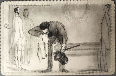 a drawing of a man bending over to pick up something