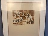 painting of a group of horses running in a field with a man on a horse in the background