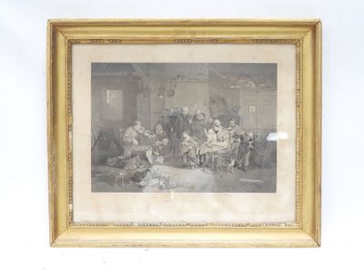 an old picture of a group of people sitting around a table