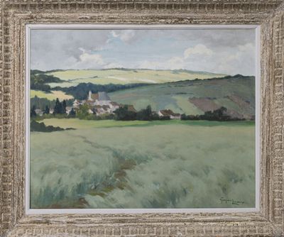 an oil painting of a field with a church in the distance
