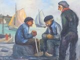 tableau représentant trois hommes assis sur un rocher, avec des bateaux en arrière-plan