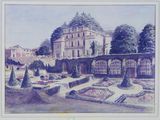 painting of a garden with a building in the background