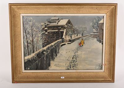 tableau représentant un couple marchant dans une rue enneigée