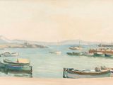 une peinture représentant un port avec des bateaux sur l'eau