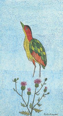 a painting of a bird sitting on top of a plant