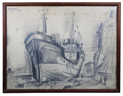 drawing of a boat in the water with a man standing next to it