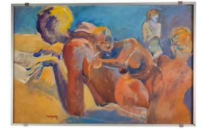 un tableau représentant un groupe de personnes assises sur une plage