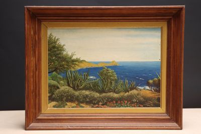 a painting of a view of the ocean from a hill