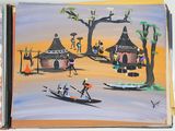 a painting of people on a boat in the water