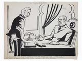 an old cartoon drawing of two men sitting at a table