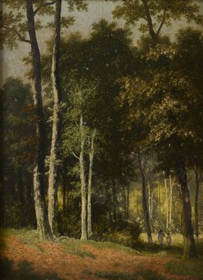 un tableau représentant un paysage boisé avec des arbres et de l'herbe