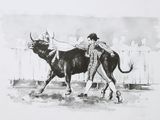 drawing of a man riding a bull in a fenced in area