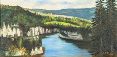 painting of a river running through a valley surrounded by trees