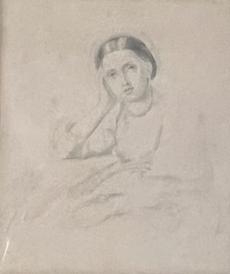 an old drawing of a woman with a hat on her head