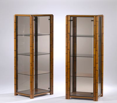 pair of art deco bamboo and glass display cabinets