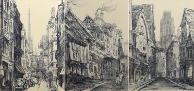 croquis d'une rue de la ville avec des immeubles et des passants