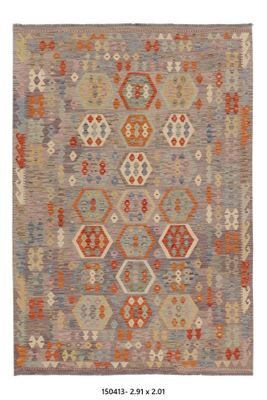 Kilim Afghan en laine couleur gris beige 291 x 201