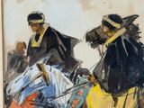 a painting of two people riding horses with umbrellas