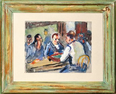 a painting of a group of people sitting at a table