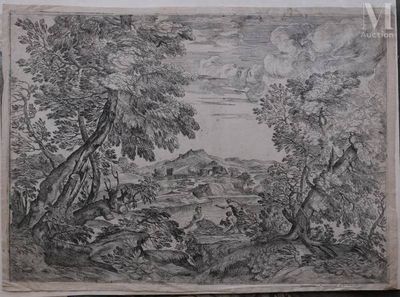 an old drawing of a landscape with a river and trees