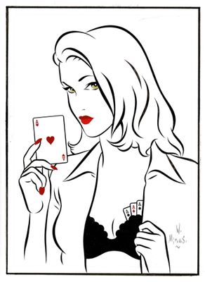 un dessin en noir et blanc représentant une femme tenant une carte à jouer