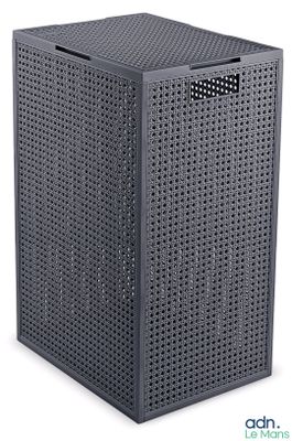 a black plastic trash can with holes on the lid
