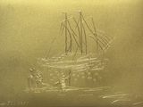painting of a boat in a body of water with people on it