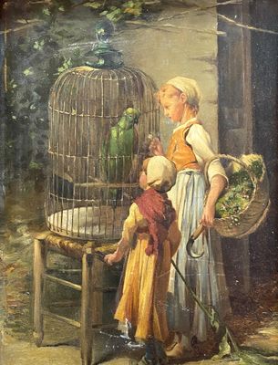 a painting of a woman and a child with a bird in a cage