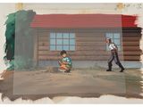 an image of a painting of a man and a child outside of a cabin