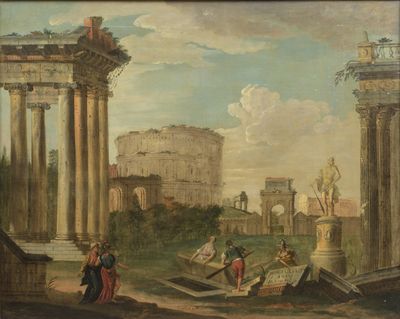 painting of a view of a roman forum with figures in the foreground and ruins in the background