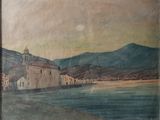 tableau représentant la vue d'un village avec une église et un plan d'eau