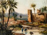 une image représentant un tableau représentant une scène de désert avec un homme et un chien