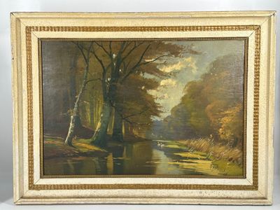une image d'une peinture représentant une rivière dans une zone boisée