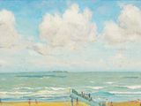 tableau représentant une scène de plage avec des personnes sur le sable et un bateau dans l'eau