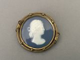 an image of a picture of a woman ' s profile in a blue and gold broochle